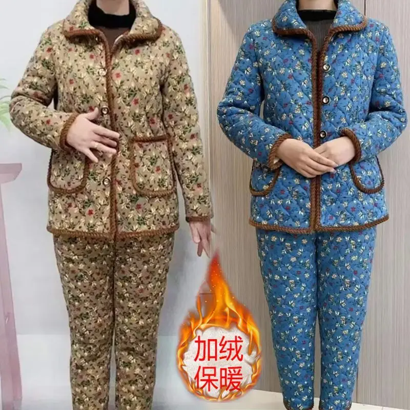 Quần Áo Mùa Đông, Bộ Hai Mảnh, Áo Khoác Độn Bông Cho Phụ Nữ Trung Người Già Và Cao Tuổi, Lót Lông Cừu, Trang Phục Quần Áo, Váy Mới, Thiết Kế Hoa Chị Em, Ngoại Cỡ, 2024