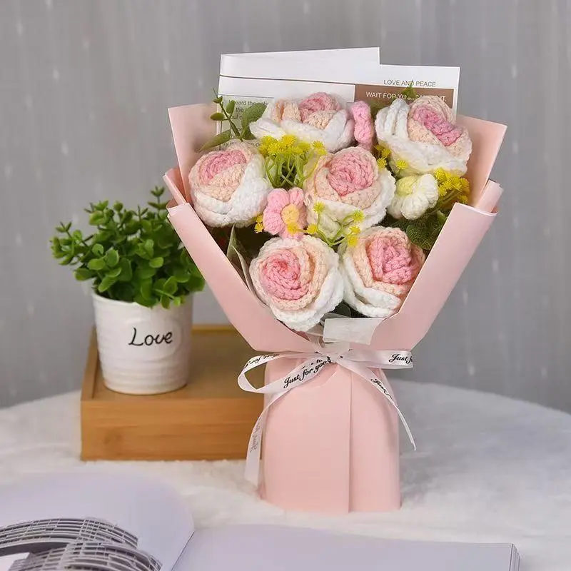 Handmade Knitted Flower Bouquet, 1 Count Roses & Daisies Artificial Flower Bouquet, Creative Gift for Parents, Lovers, Friends, Teachers, Decor 5