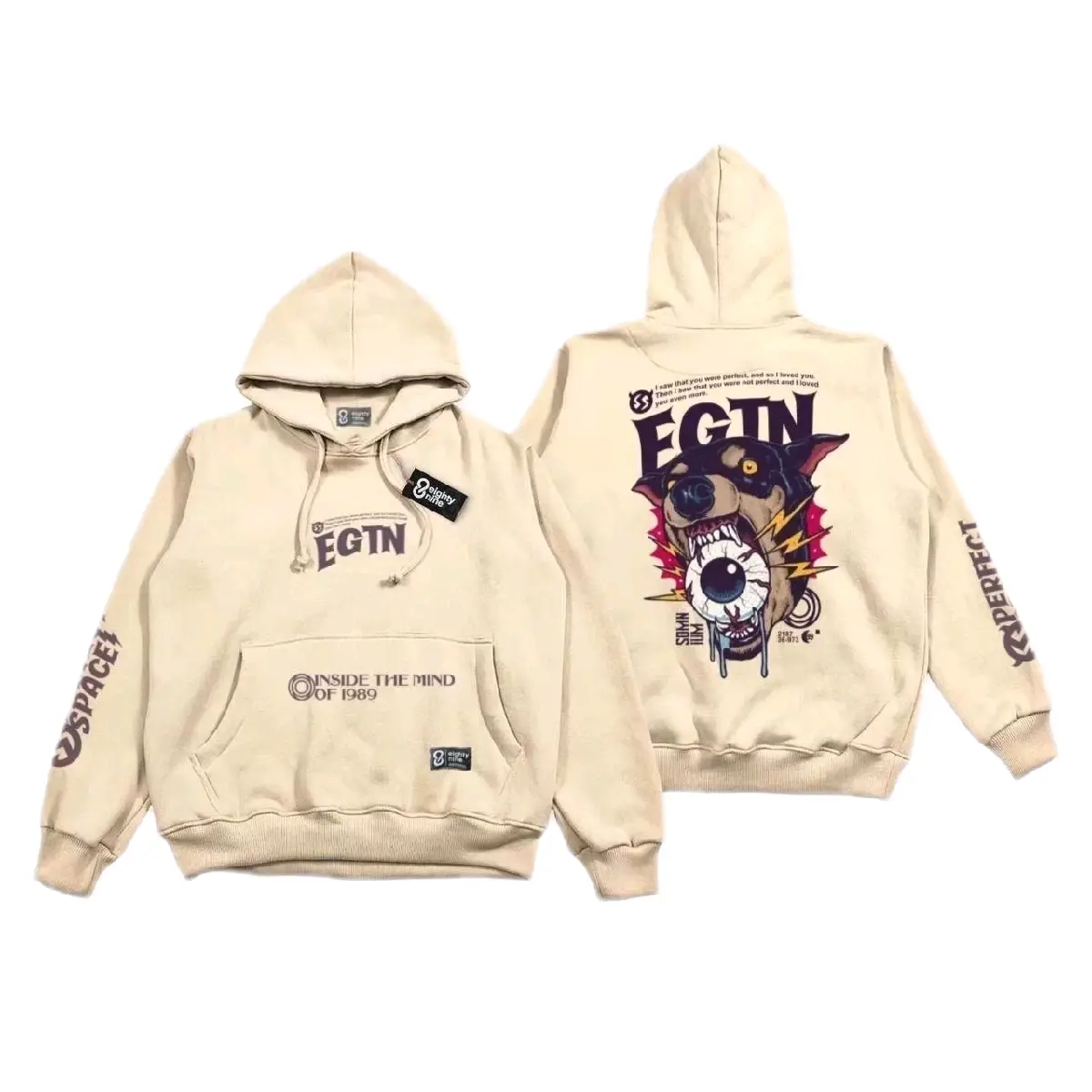 Hoodie Jumper CREAM Dog Eyes Oversize Pria Wanita Unisex