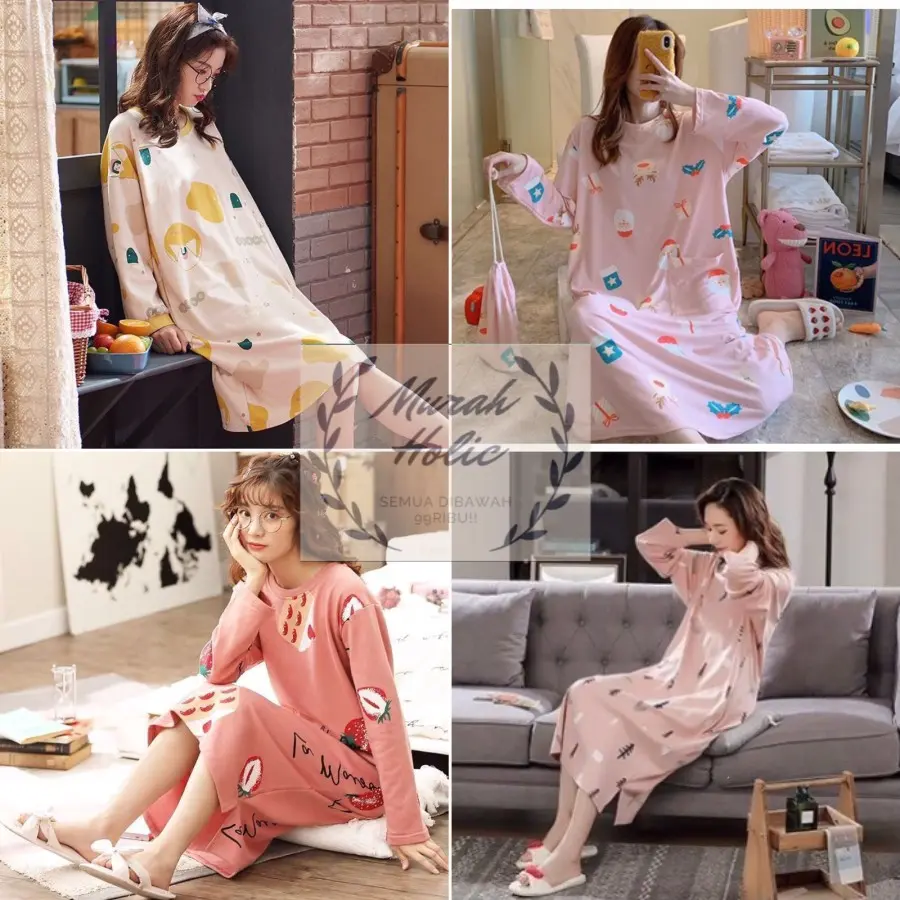 Baju Daster Lengan Panjang Wanita Motif Karakter Baju Tidur Cewek Impor Baju Santai Perempuan Baju Rumah Bahan Adem Korea Import