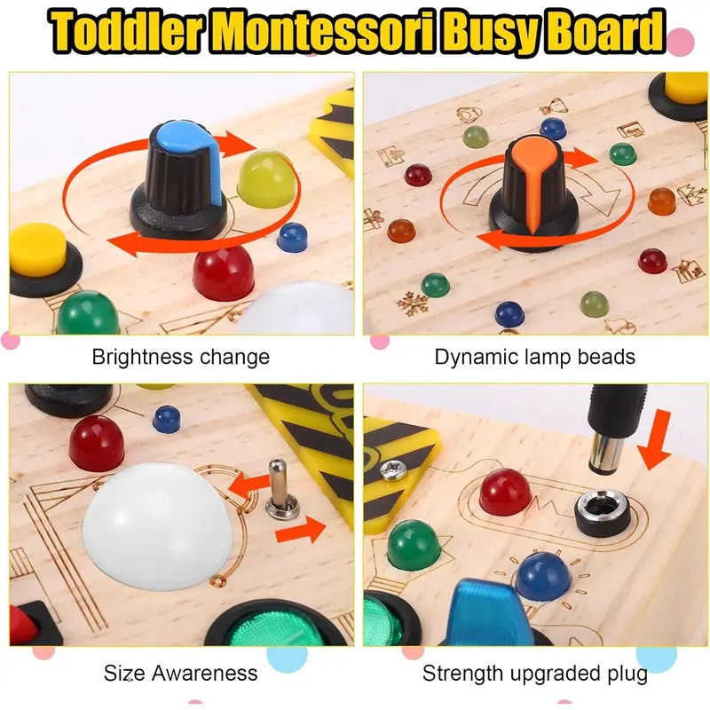 GSrenyu Busy Board for Toddlers, Sensory Board Toys Fidget Board with 23 LED Lights, Early Educational Learning Travel Toy Activity Board Wooden Toys for Boys Girls 2 3 4 Year Olds 3