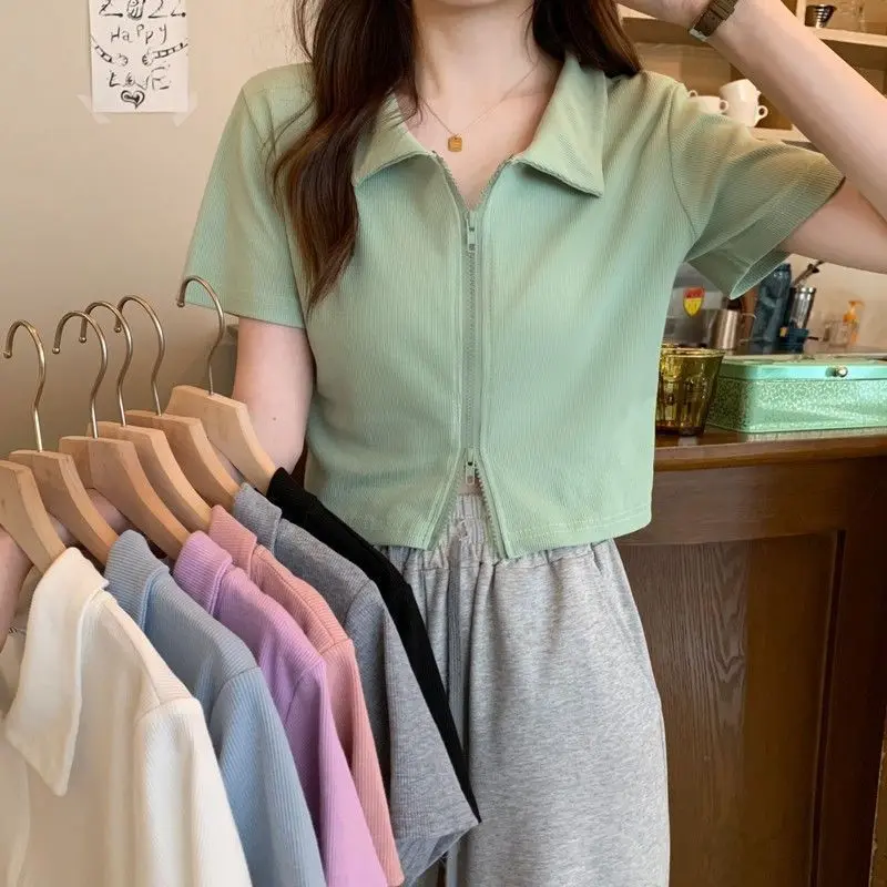 Áo Phông Thiết Kế Cổ Polo, Dành Cho Nữ, Dài Tay, Dáng Ôm Ngắn, Ngắn Tay, Vai Thường, Áo Cardigan, Chất Liệu Polyester, Mùa Hè 2024