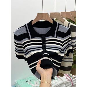 Pure Desire Unique Sweet and Spicy Girl Short Striped Polo Collar Ice Silk Knit Short Sleeve Top for Women Summer Design