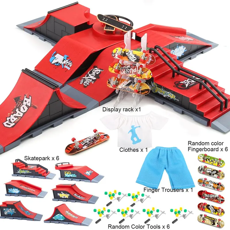 Finger Skateboard Set, Including 6 Counts Skateboard Tables, 6 Counts Random Colored Finger Skates, 1 Count Display Stand, 1 Count Pants, 1 Count Clothing & Random Color Accessory Bag, DIY Skate Park Ramp Parts, Interactive Finger Skateboards Track Kit 4