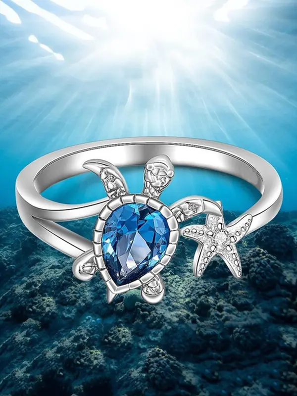 Sea Turtle & Starfish Design Rhinestone Decor Ring, Fashion Accessories for Women for Party, Daily Clothing Decor, Trendy All-match & Exquisite Jewelry for Birthday Gift 0