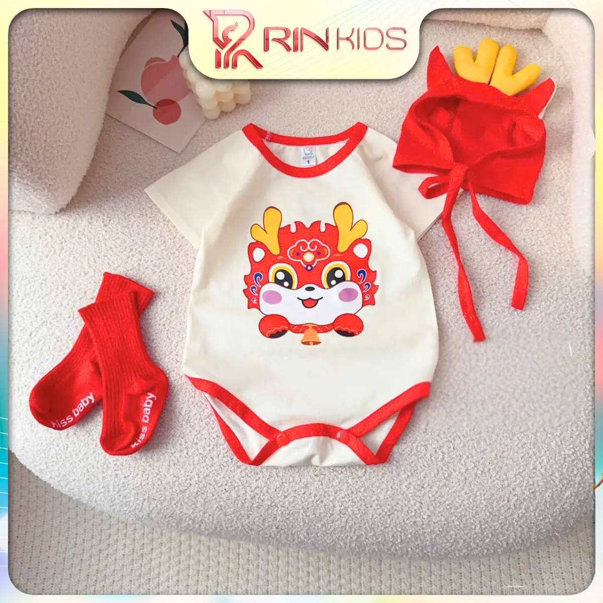 Set body rồng tết tặng kèm nón cho bé trai,bé gái 4-11kg. Body tết cho bé sơ sinh. Rin kids Cotton