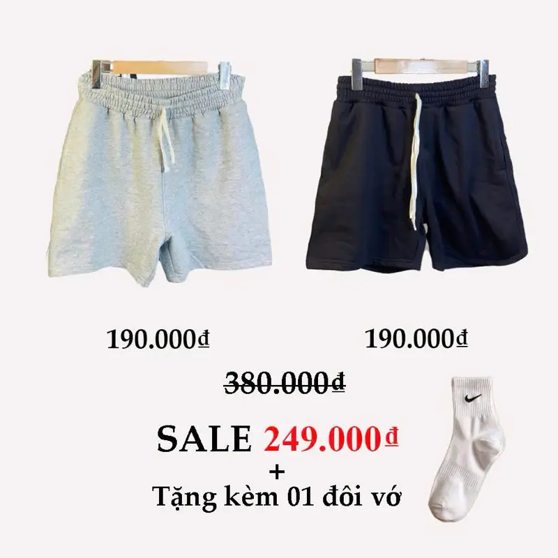 COMBO 2 Quần Short Trơn Basic Unisex (ĐEN/XÁM) Menswear Nam, Nỉ Chân Cua (Tặng vớ) 1