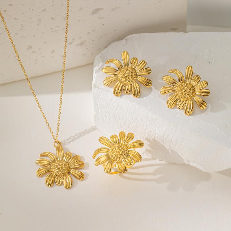 Product Introduction of Titanium steel 18k gold premium pendant necklace sunflower daisy stud earrings ring women 1