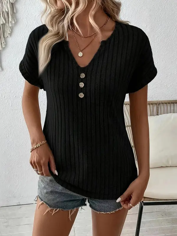 Women's Plain Button Decor Notched Neck Tee, Elegant Casual Fashion Short Sleeve Ribbed T-shirt for Summer, Ladies Clothes for Daily Wear, Womenswear 0