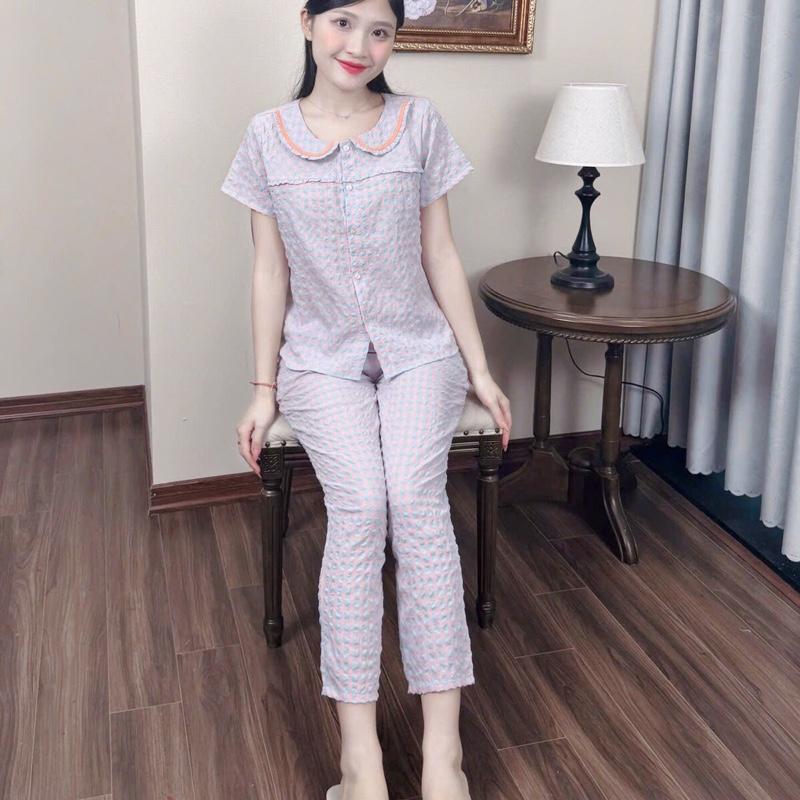 (38kg-68kg) Đồ bộ kẻ sọc quần dài cho Nữ, cổ sen phối ren vải kẻ lông mềm hàng thiết kế phối bèo bigsize Women Top Áo Quần Ngủ 5