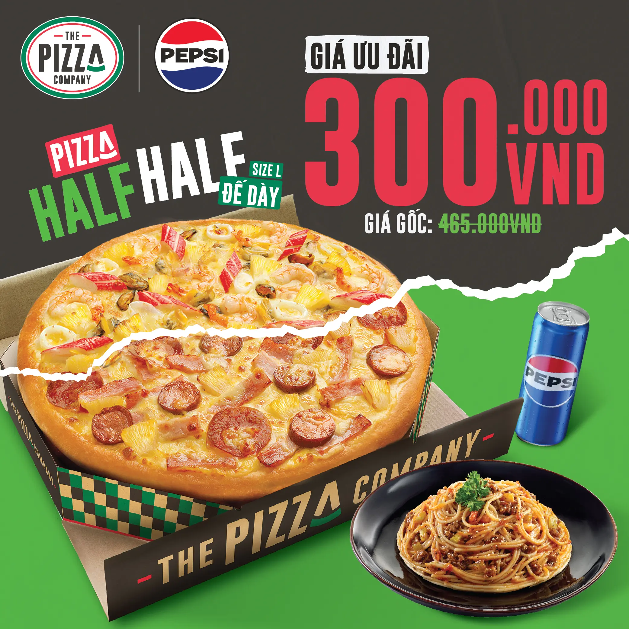 Combo 1 Pizza half half size M đế Dày + 1 Mỳ Ý Xốt Bò Bằm + 1 lon nước - The Pizza Company - Giao nhanh 1H