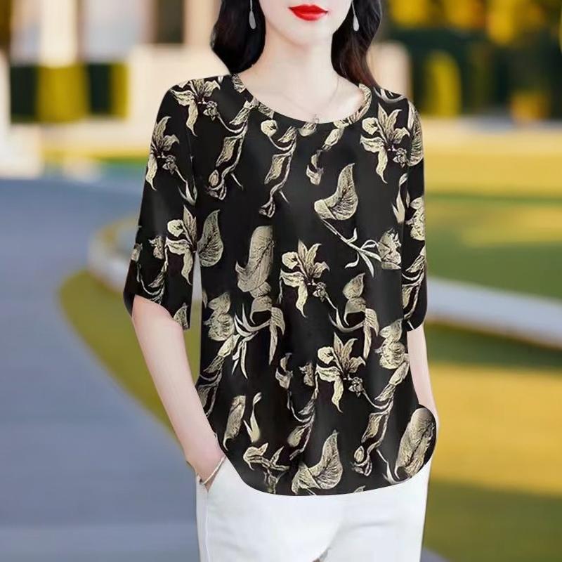 Áo Thun In Hình, Cổ Tròn, Tay Lửng, Dành Cho Mẹ TRUNG NIÊN, Nữ Mùa Hè, Ngoại Cỡ, Dáng Rộng, Che Bụng, Áo Phong Cách Phương Tây, Áo Sơ Mi Nhỏ Top Women Shirt 5