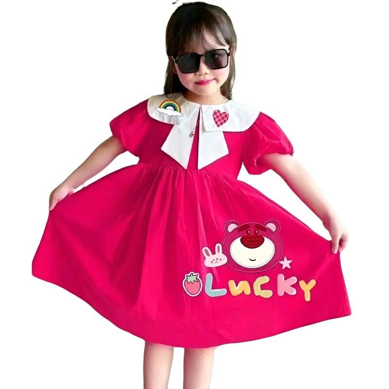 Váy Lụa Xòe Tay Bồng Cổ May Cách Điệu Cầu Vồng Gấu Dâu Dễ Thương Cho Bé Gái (8-31kg)