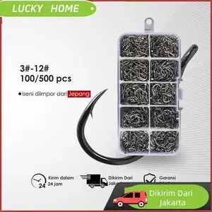 【Jaminan Kualitas】 100/500 Buah Kait Ikan Baja Karbon Tinggi Ikan Tajam Dari No.3 S/d No.12 1 Set Box Kail Pancing Full Set Box  Ikan Kail Belut Sawah Peralatan Memancing  Besar Kail Pancing Kecil laut