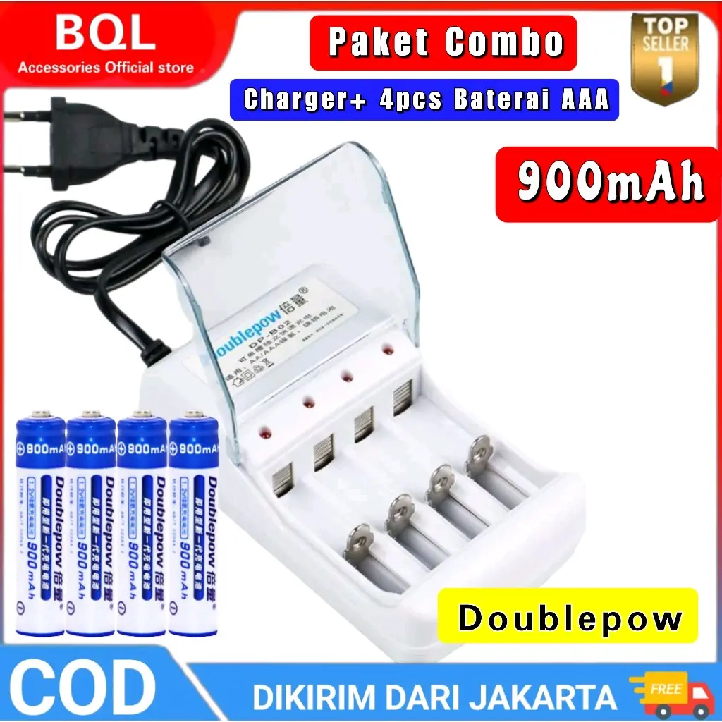 Paket Combo Charger B02 Plus Baterai AAA Doublepow Charger Baterai 4 slot AA/AAA with 4PCS AAA 900mAh - DP-B02