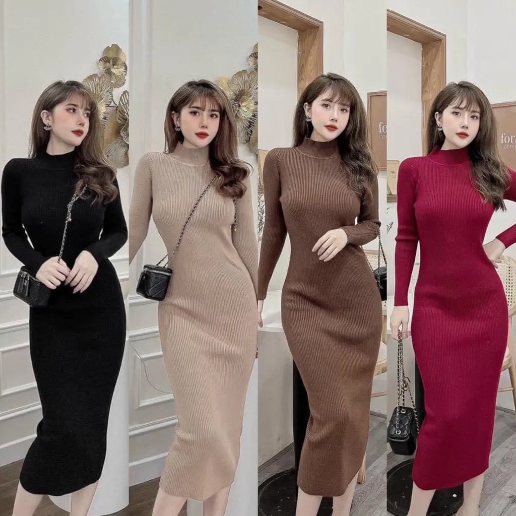 Váy len nữ suông cổ ba phân dáng dài - Đầm nữ chất len tăm freesize trơn mặc thu đông