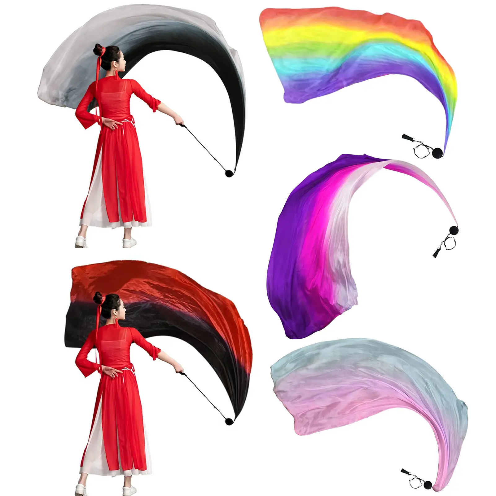 Gauze Scarf Women Stage Performance Wear Belly Dance Gradient Color Flowy Long Scarf Ball Set Photography Prop Fan Classical Dance Hand Fan