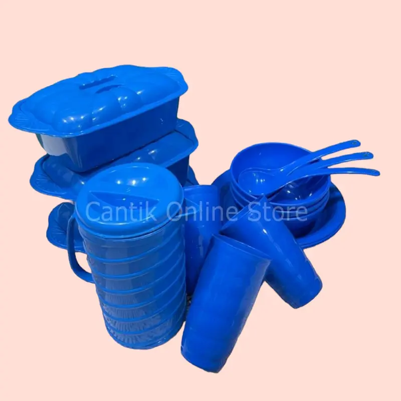 Prasmanan set isi 16 Pcs (3 Basi segi+3 Piring Makan+3 Mangkok+3 Gelas Ulir) Free Teko ulir BONUS 3 pcs Centong sayur Plastik 5
