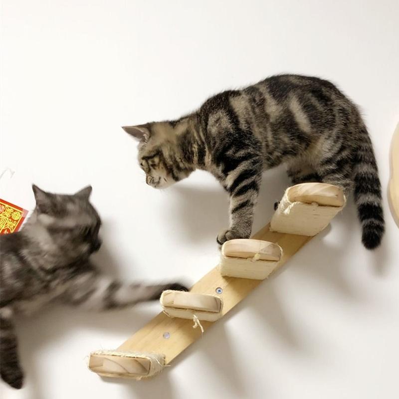 Product Introduction of Cat Wall Toy Solid Wood Cat Climbing Shelf Steps Space Saving Wall Mounted Cat Climbing Structure Reversible with Sisal Rope Wooden Stairway Shelves Indoor 12