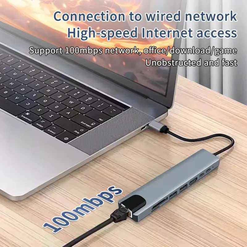 Hub USB C, Bộ Chuyển Đổi 8 Trong 1 Type C 3.1 Sang 4K HDMI, với đầu đọc thẻ RJ45, SD / TF, Sạc Nhanh PD, Tương thích với MacBook, Máy tính xách tay, Máy tính xách tay 3