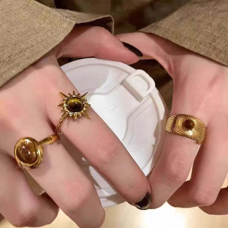 【lingerly】Cincin Batu Mata Harimau Bunga Matahari Emas Wanita Cincin Mewah Desain Ceruk Cincin Sense Rings