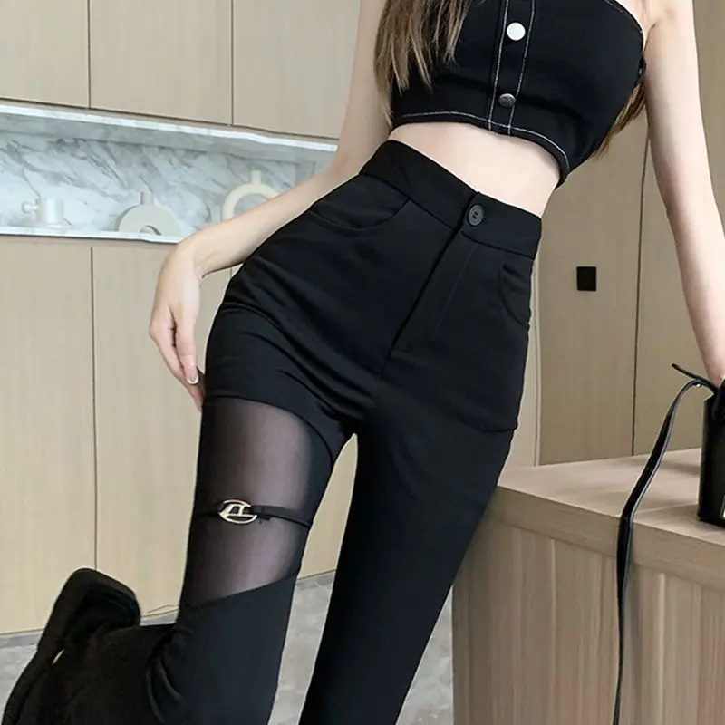 Quần Lưỡi Ngựa Khâu Lưới, Cô Gái Nóng Bỏng Màu Đen, Quần Mop Mỏng Và Cao Co Giãn Mỏng Mùa Hè Cho Nữ, Hiệu Ứng Xếp Ly, Năm 2024