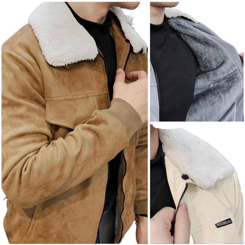 Áo khoác da lộn cổ lông tháo rời lót lông thân + tay, mềm mịn giữ ấm tốt. (giặt máy được)  Nam Menswear Jacket