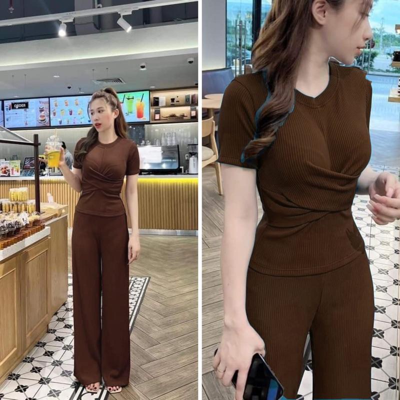 SET ĐỒ BỘ ỐNG RỘNG XUÔNG MIX ÁO BODY ÔM SANH CHẢNH THUN GÂN CO GIẢN Nữ Women Top Ong Tím