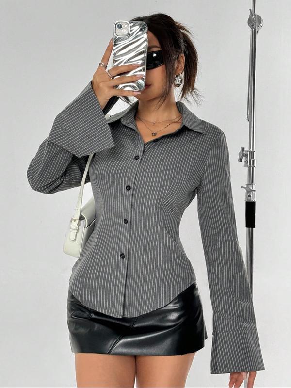 Women's Striped Print Button Front Split Sleeve Shirt, Elegant Curved Hem Long Sleeve Collared Top for Spring & Fall, Clothes for Women, Ladies Clothes for Daily Wear, Clothes for Women, Womenswear 4