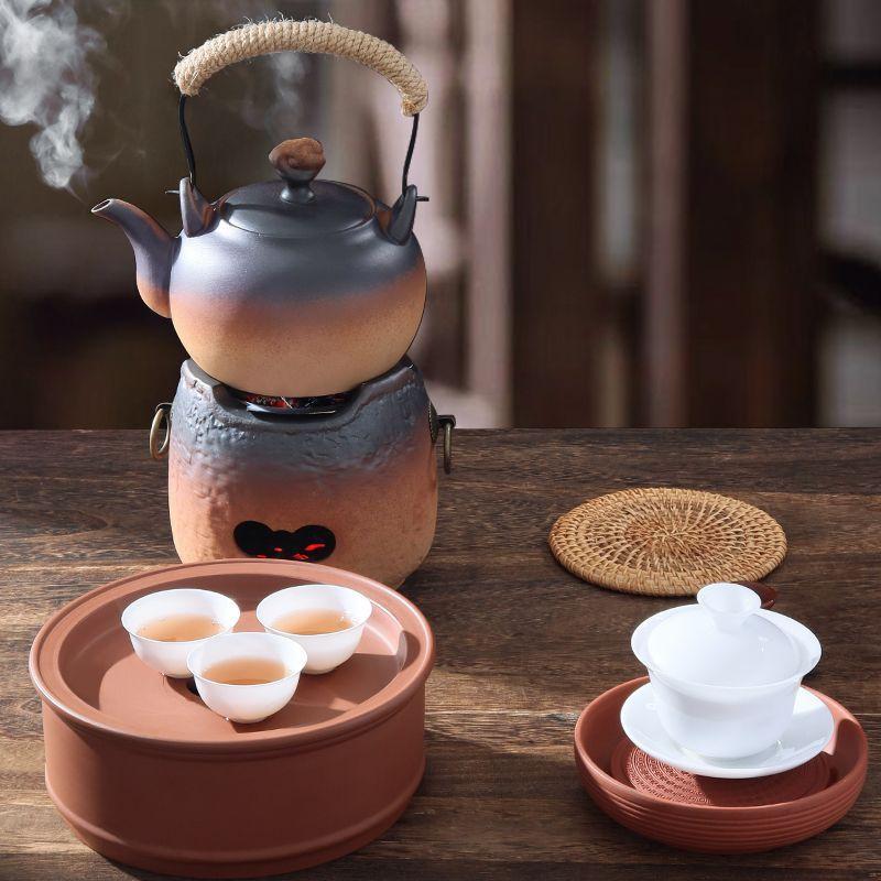 Bếp đốt trà sôi và trà rang, thích hợp để cắm trại, tụ tập, sưởi ấm, lửa than, bếp than ngoài trời, nồi gốm, bộ nồi trà, để sử dụng trong gia đình Camping 4
