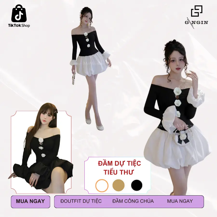 Váy đầm công chúa đen trắng trễ vai, tay dài bo xòe, điểm nhấn hoa 3D - Freesize: 55 - 60kg
