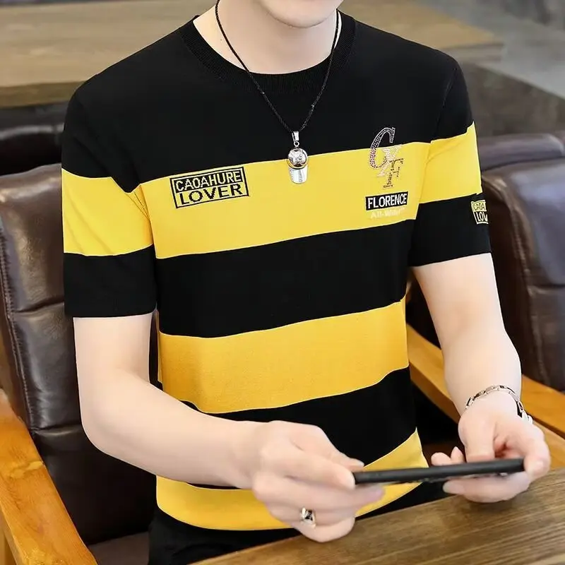 M-5XL Men's Short Sleeve Shirt Crew Neck Striped Top[CF]