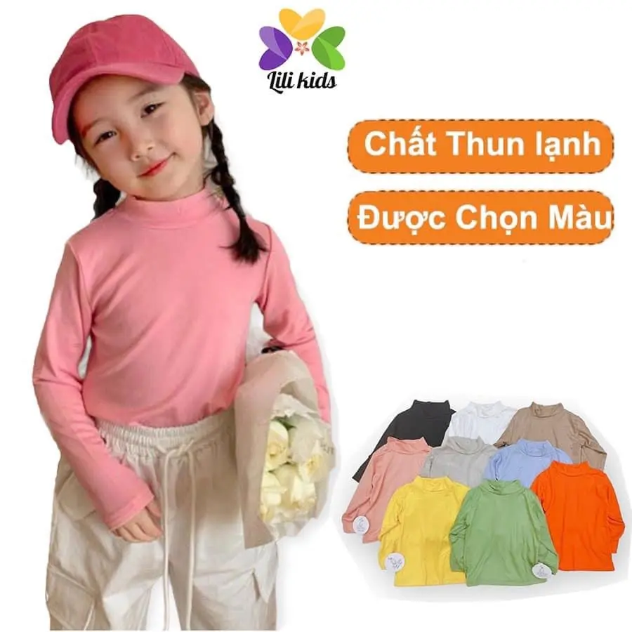 Áo Dài Tay Cổ Cao 3 Phân Chất Thun Lạnh Giữ Nhiệt, Cho Bé Trai/Bé Gái Cân Nặng 4-17kg. Áo Thun Lạnh Màu Trơn.