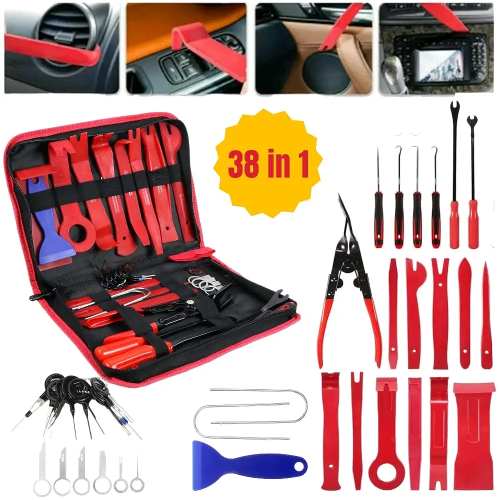 Set Alat Reparasi Bodi Kendaraan bermotor Mobil, Alat pembuka Mika Lampu Body Dasbor Car Audio  Clip Plastik Panel Pintu, Kunci Crimp Terminal Skun, Pengungkit Alat Congkel Cungkil garansi produsen red alat bongkar pasang Bodi kendaraan 48pcs