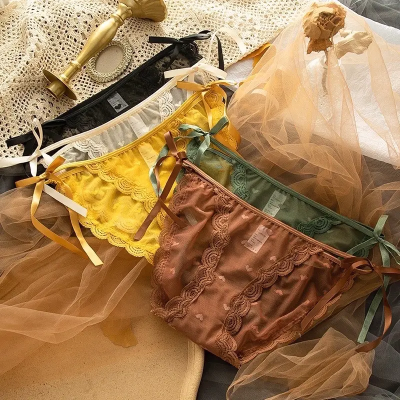 R16 Set 10 quần lót nữ ren trái tim xuyên thấu, sexy nơ 2 hông cạp vừa, ôm hông, quyến rũ, kháng khuẩn, không lộ viền, mềm mịn