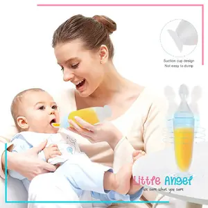 Botol Sendok Makan Bayi Mpasi Silikon Food Anti Tumpah Aman Murah Baby Feeder Bottle Spoon Peralatan Biru