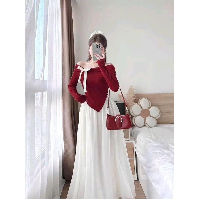 Set áo trễ vai đính nơ tay dài kèm chân váy tơ lụa dáng dài Nữ Voi Kem Women Thun 5