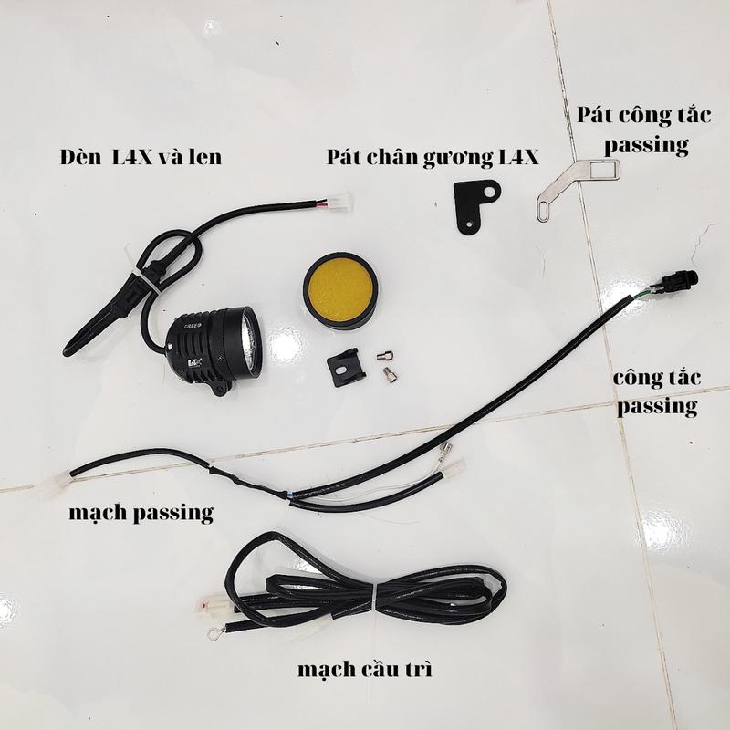 Combo đèn trợ sáng L4X kem mạch Passing giắc bấm sẵn có mạch cầu chì bảo vệ pát gắn ghi đông trần cho Sonic Raider Satria