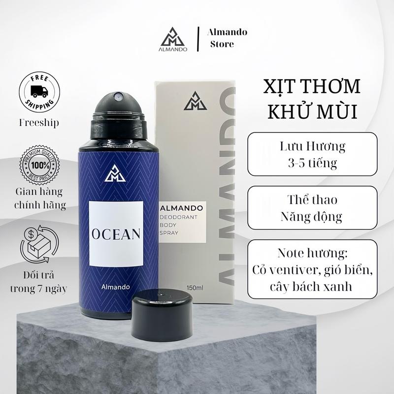 Body Mist Nam Almando Xịt thơm khử mùi toàn thân nước hoa chính hãng 150ml mùi Ocean hương thể thao năng động Perfume Cosmetic Mỹ phẩm