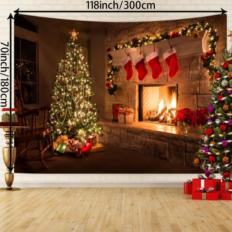 Christmas Fireplace Pattern Tapestry, 1 Count Christmas Themed Photography Background Cloth, Christmas Party Supplies, Home Decor 2