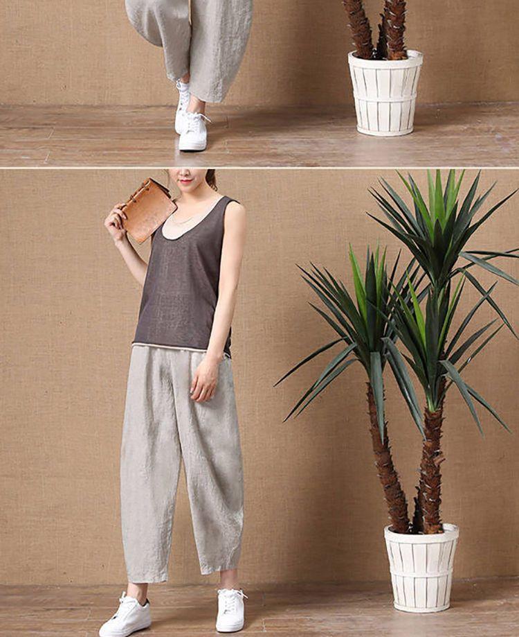 Product Introduction of 2025 Summer New Cotton Linen Long Pants for Women Loose Plus Size Wide Leg Pants High Waist Versatile Floor-Length Linen Pants rib  flares cutbray 4