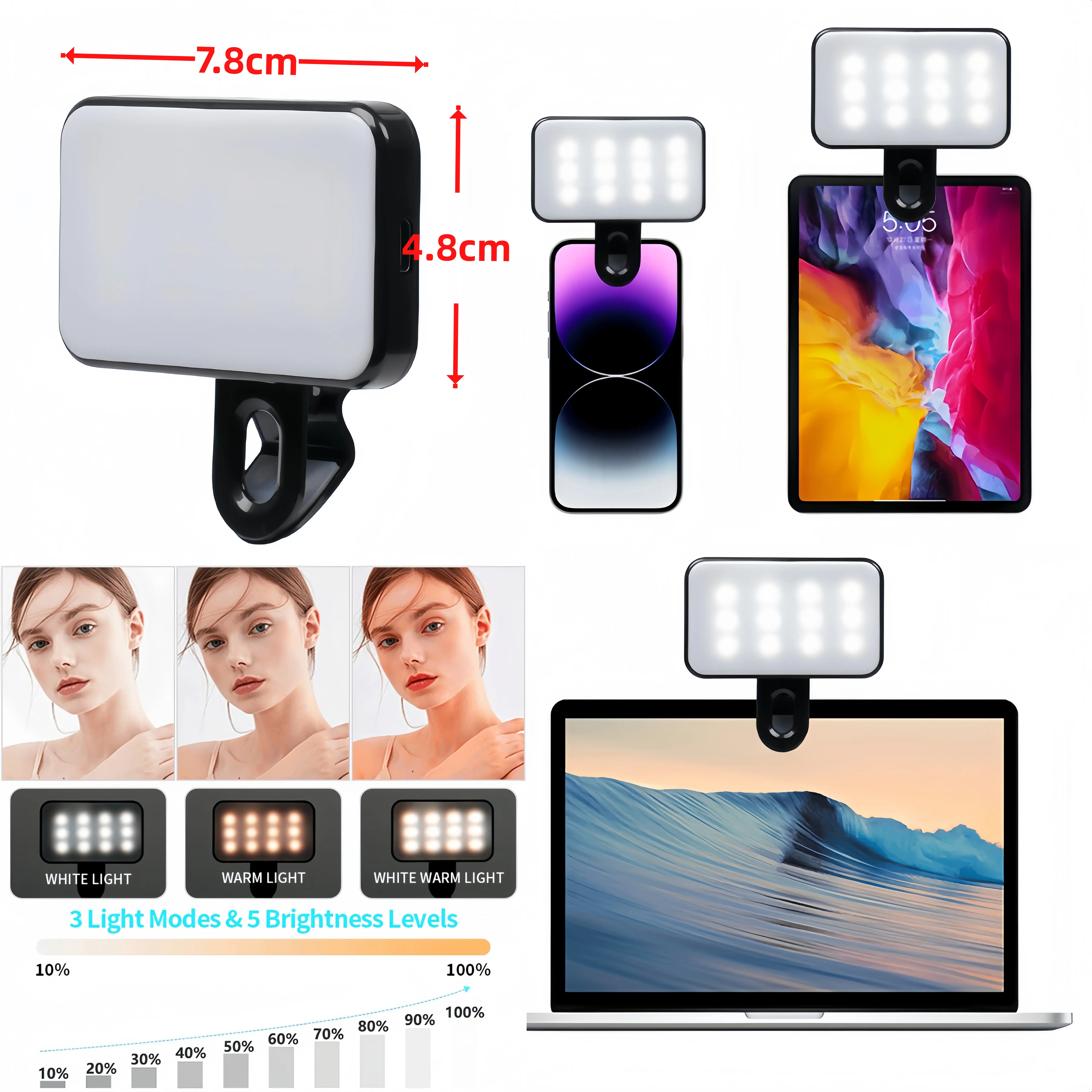Đèn selfie điện thoại, Đèn trợ sáng livestream, Đèn chiếu sáng hội nghị video, Đèn ngoài trời, Đèn Mini cầm tay có thể sạc lại,3 chế Đô,Độ sáng có thể đều chỉnh kẹp trên,Thích hợp cho Điện thoại Di động và Máy tính
