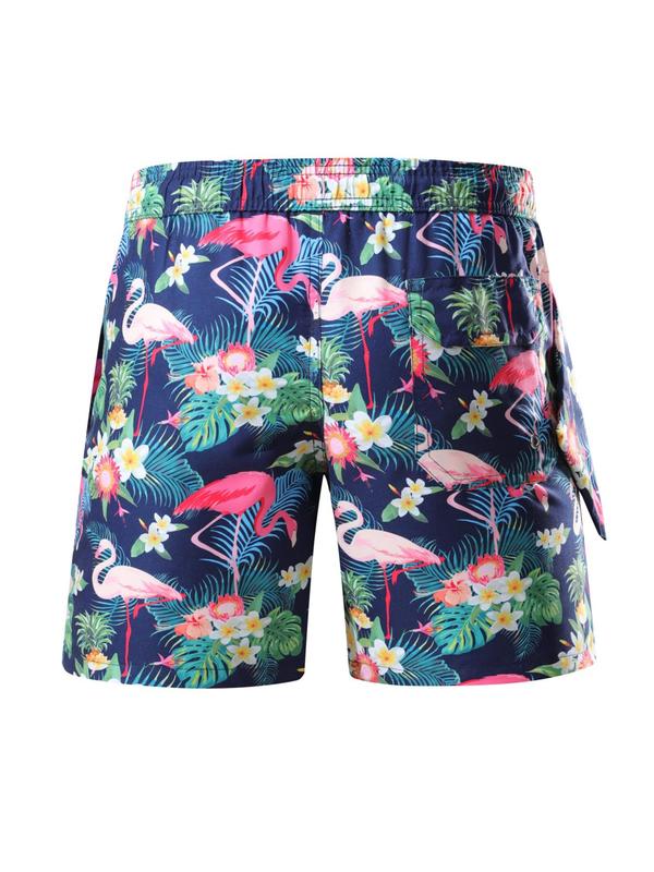 Men's Flamingo Print Swim Shorts, Casual Comfy Breathable Swim Shorts for Summer, Men's Swimwear Bottoms for Beach Swimming 1