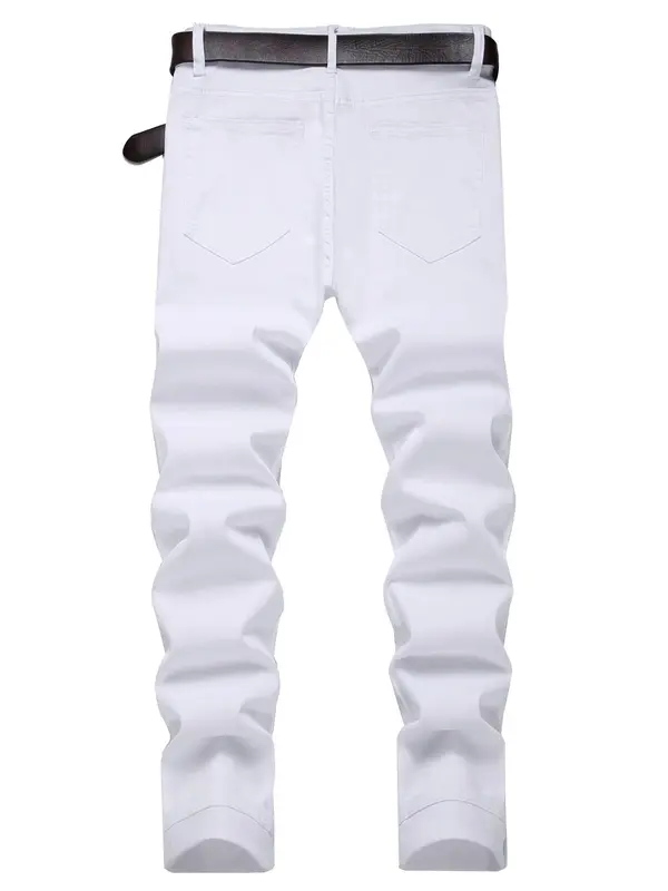 Men's Solid Color Ripped Jeans, Casual Comfy Slim-fitting Denim Pants for Daily Wear, Fashion Men's Bottoms for All Seasons, Cotton 1