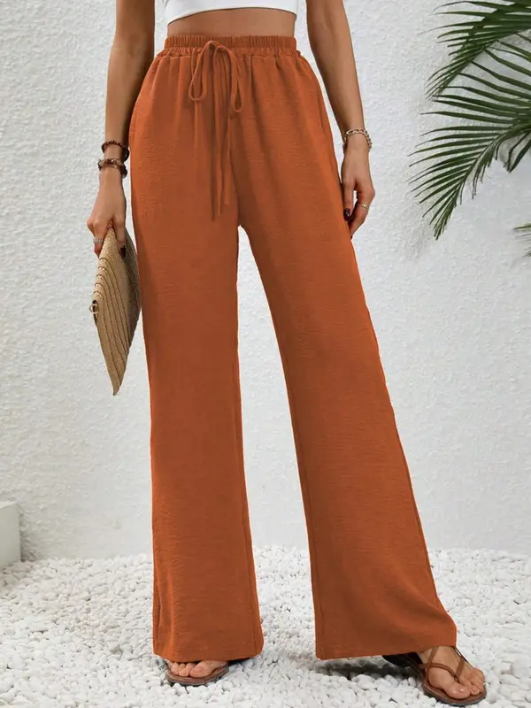 Women's Solid Color Pocket Wideleg Pants, Casual Loose Comfy Drawstring Waist Trousers for Summer, Women's Bottoms for Daily Wear, Womenswear, Wide Legged Pants, Casual Chic Bottoms, Casual Fashion Trousers 7