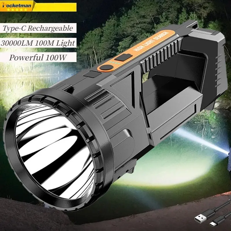 30000LM 100W LED Bright Searchlight IPX6 Waterproof Camping Flashlight Type-C Charging Work Light Power Display Headlight