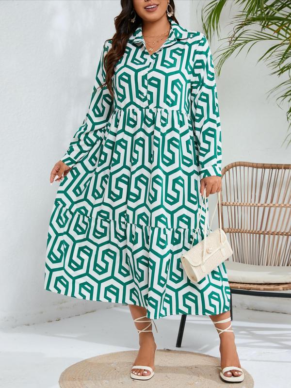 Plus Geometric Print Long Sleeve Button Front Midi Dress, Casual All Over Print Collared Button Loose Dress For Spring & Fall, Fashion Women's Dress For Daily Wear 1