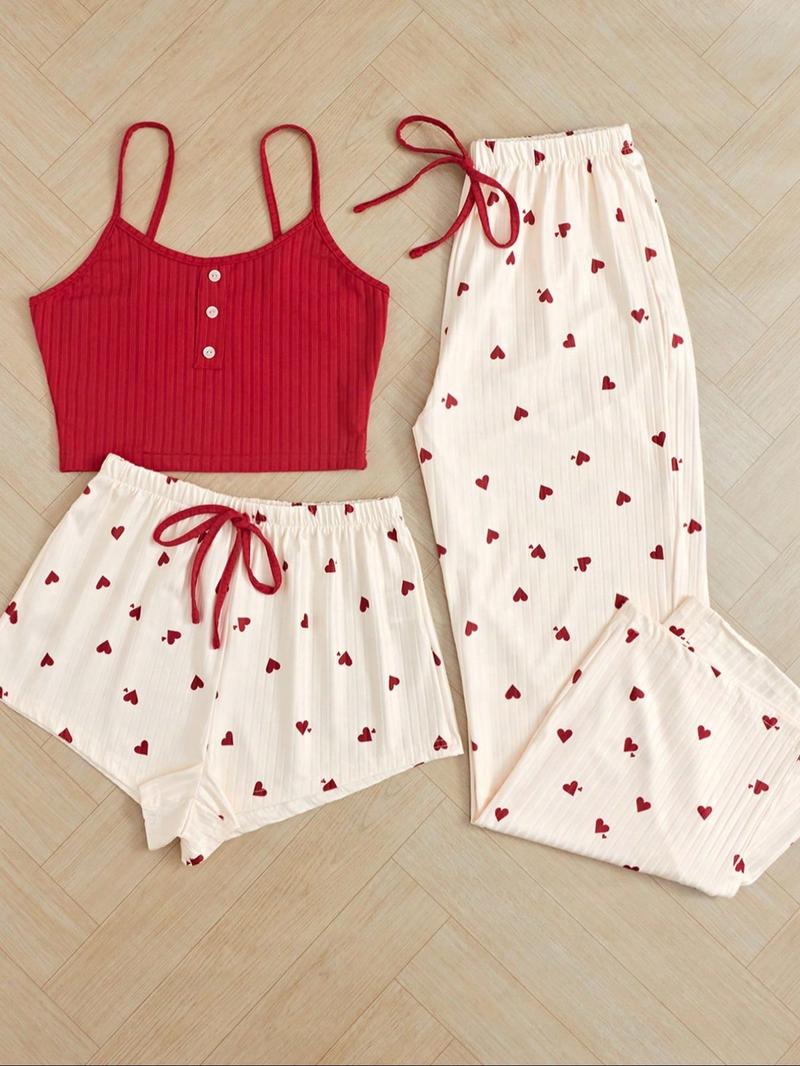 Product Introduction of Women's Cami Top & Heart Print Shorts & Pants Pyjama Set, Casual Comfy Loungewear Set for Women, Comfy Loungewear Set for Summer 4