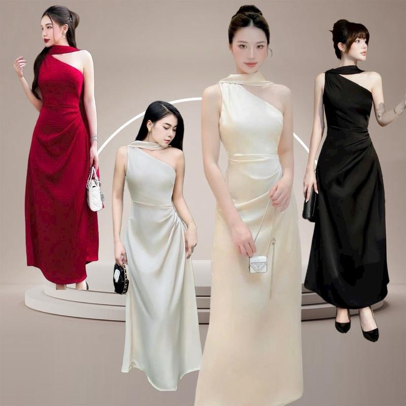 Đầm Lụa Dự Tiệc Lệch Vai Cao Cấp Holy Dress Nữ Women - Chất Lụa Hàn Châu 2 Lớp Không Xước Có Sẵn Mút - Nữ Women Kem Sen váy phù váy phù dâu vaytet váy dâu đi bàn Voan chỉ giặt tay đỏ hồng váy body dáng dài Voi vaynoel váy lụa sang chảnh đồ đỏ mặc tết