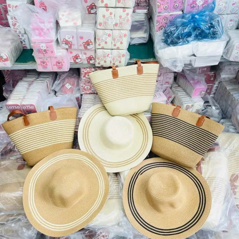 ￼Set Túi Và Mũ Cói Quai Da Đi Biển Đi Chơi Cực Xinh